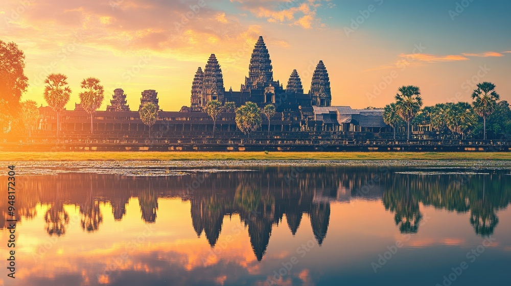 Fototapeta premium Majestic Angkor Wat temple at sunrise with reflection in the water. No people, copy space.