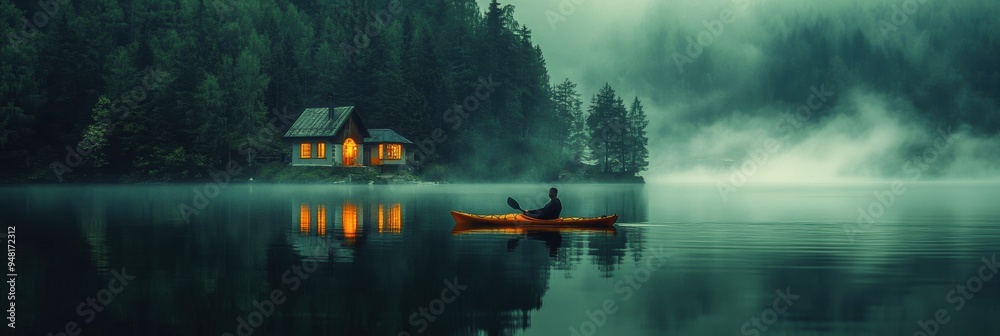 Fototapeta premium A man kayaking in still lake water with forest and lake house