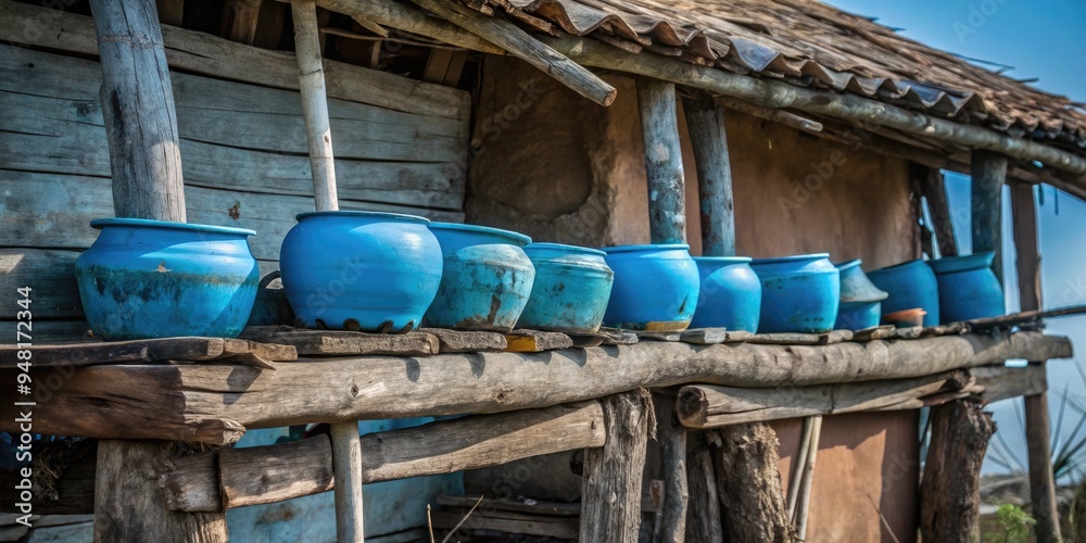 Row of blue ceramic pots on a wooden shelf. Row of blue ceramic pots on a wooden shelf.