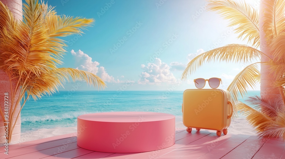 Obraz premium Pink colored podium with suitcase and a pair of sunglasses on it on a beach background 