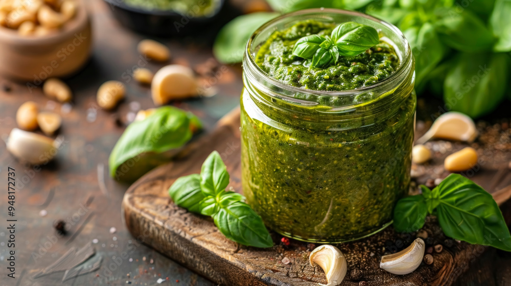 A beautifully arranged jar of homemade pesto sauce sits on a rustic wooden board, surrounded by fresh basil leaves, garlic cloves, and nuts, all captured in natural light A beautifully arranged jar of homemade pesto sauce sits on a rustic wooden board, surrounded by fresh basil leaves, garlic cloves, and nuts, all captured in natural light