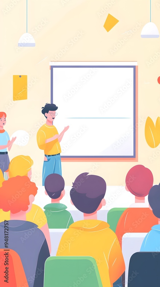 A doodle-style illustration of students in a classroom, listening to the teacher's speech on a whiteboard
