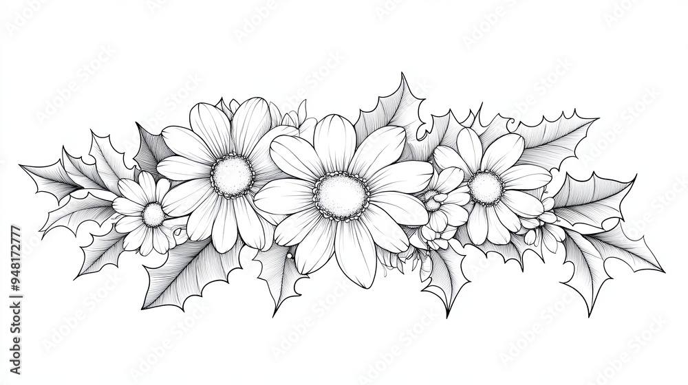 A hand-drawn black and white illustration of a floral arrangement featuring daisies and holly leaves.
