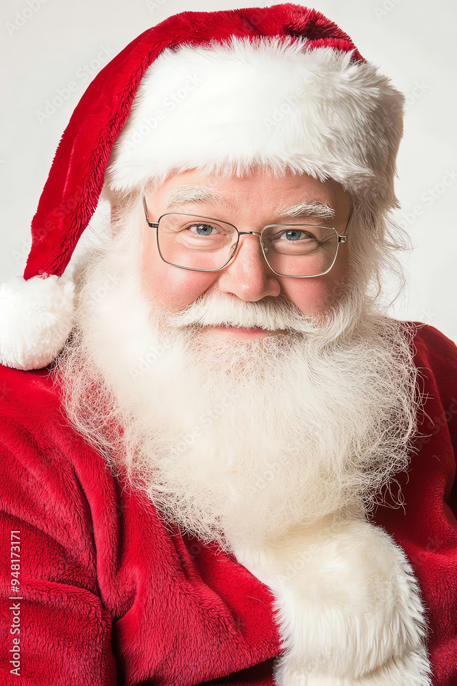 Portrait of jolly Santa Claus with white beard and glasses in traditional red suit and hat, smiling warmly for the camera. Portrait of jolly Santa Claus with white beard and glasses in traditional red suit and hat, smiling warmly for the camera.