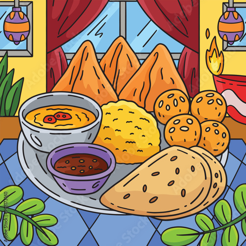 Diwali Food on Thali Plate Colored Cartoon 
