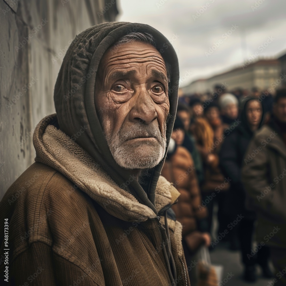 In a crowded refugee camp, elderly man with gray hair and a weathered face gazes contemplatively as she stands in a line for humanitarian aid people during a cloudy day In a crowded refugee camp, elderly man with gray hair and a weathered face gazes contemplatively as she stands in a line for humanitarian aid people during a cloudy day