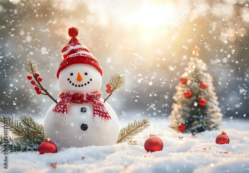 Snowman in Winter Wonderland with Christmas Tree and Ornaments