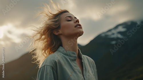 Tranquil Beauty: Happy Young Adult with Closed Eyes in Nature