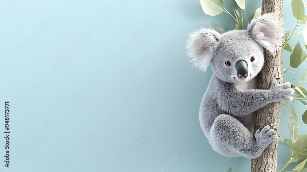 Adorable Koala Clinging to Tree in Pastel Nature Backdrop Adorable Koala Clinging to Tree in Pastel Nature Backdrop