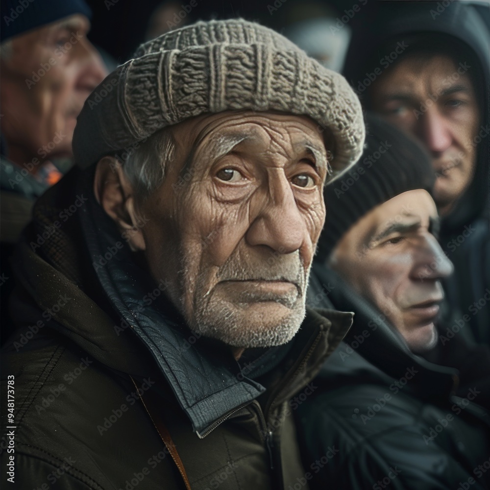 Elderly man with a thoughtful expression gazes into the distance in a crowded refugee camp amidst a crowd during a chilly afternoon Elderly man with a thoughtful expression gazes into the distance in a crowded refugee camp amidst a crowd during a chilly afternoon