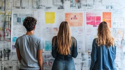 Colorful Website Wireframes Pinned on Wall for Collaborative Design Process photo