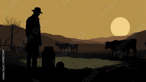 A domestic animal silhouetted against a vibrant sunset sky.