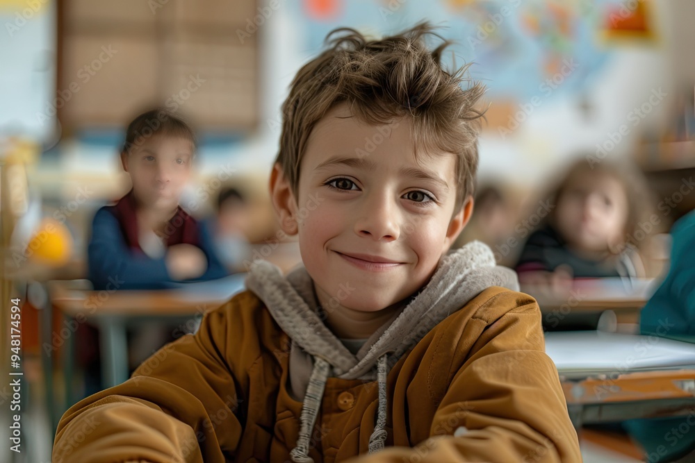 Smiling Young Boy in Classroom. Smiling Young Boy in Classroom.