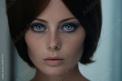 Beautiful brunette woman with pale blue eyes in a 60s and 70s fashion and picture retro vintage style background, ai generated