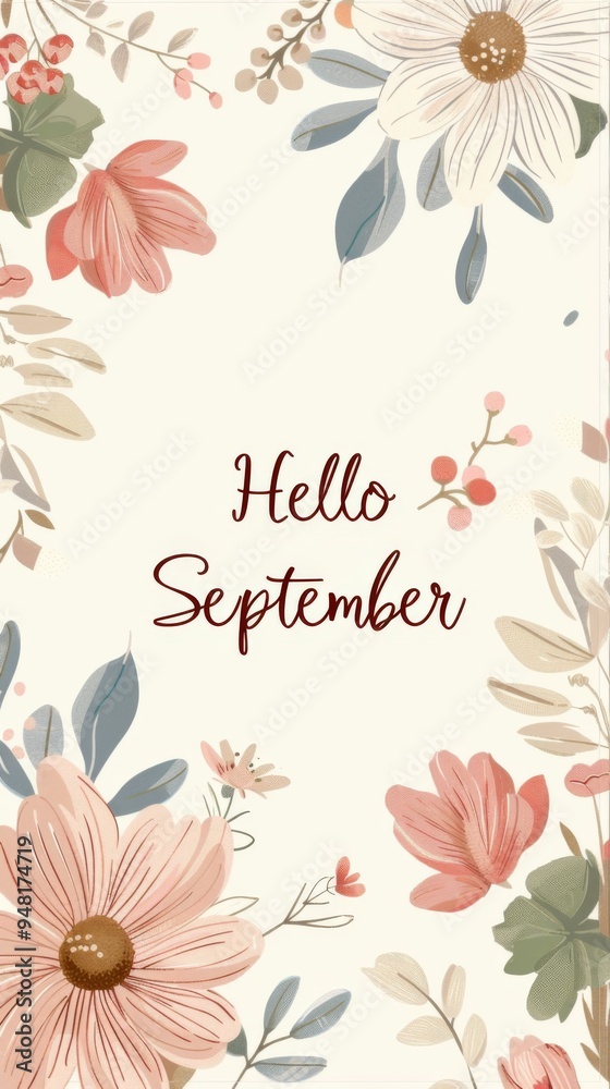 Obraz premium Floral illustration with Hello September text in the center, background