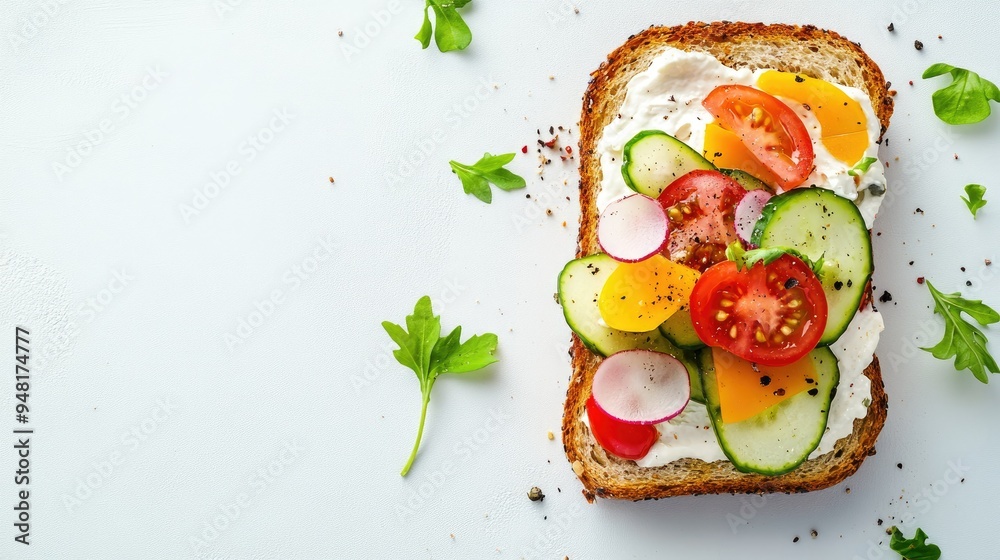 Openfaced sandwich with colorful toppings top view with empty space around for copy or branding