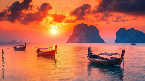 Fototapeta Naklejka Na Ścianę i Meble -  Picturesque sunset over the Andaman Sea with traditional Thai boats. No people, copy space.