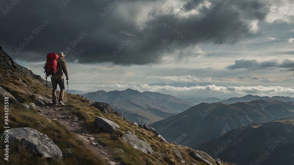 A lone hiker with a red backpack stands on a mountain path overlooking a vast valley and a cloudy sky. A lone hiker with a red backpack stands on a mountain path overlooking a vast valley and a cloudy sky.