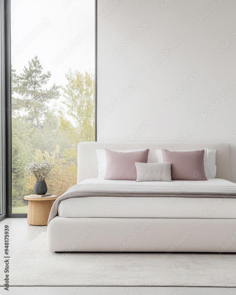 Fototapeta premium Modern minimalist bedroom interior in neutral colors with a bed next to a window and elegant decor.