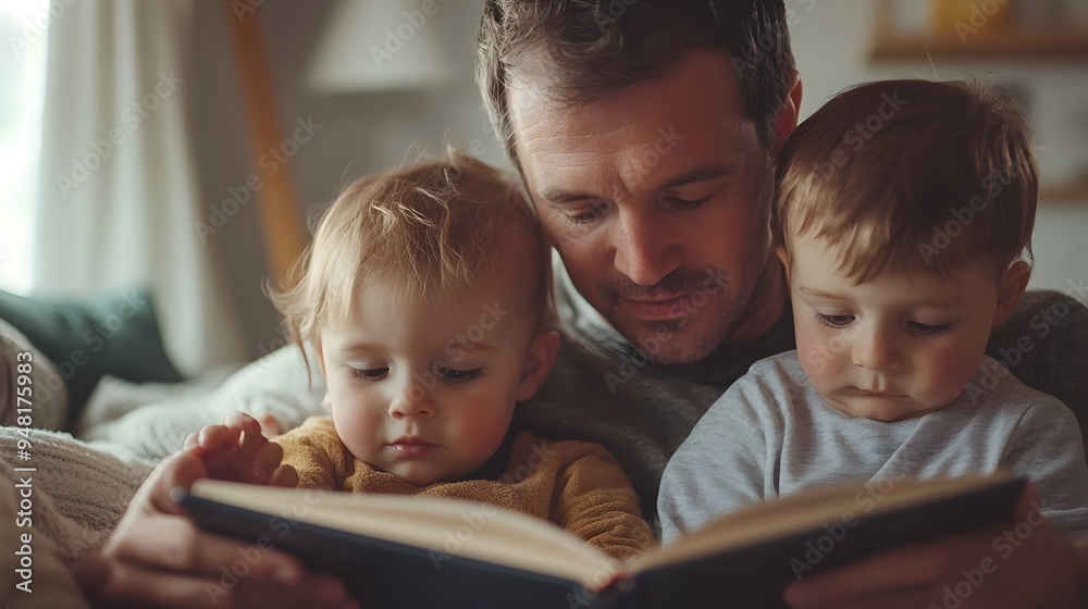 Mature Father Enjoying Time with His Two Young Children at Home Mature Father Enjoying Time with His Two Young Children at Home
