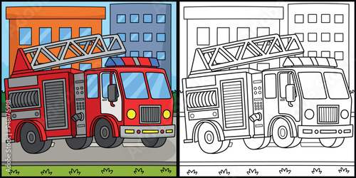 Firefighter Truck Coloring Page Illustration
