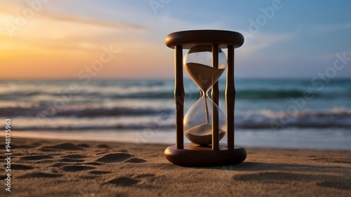 Wooden hourglass on a sandy beach at sunset with the ocean in the background.
