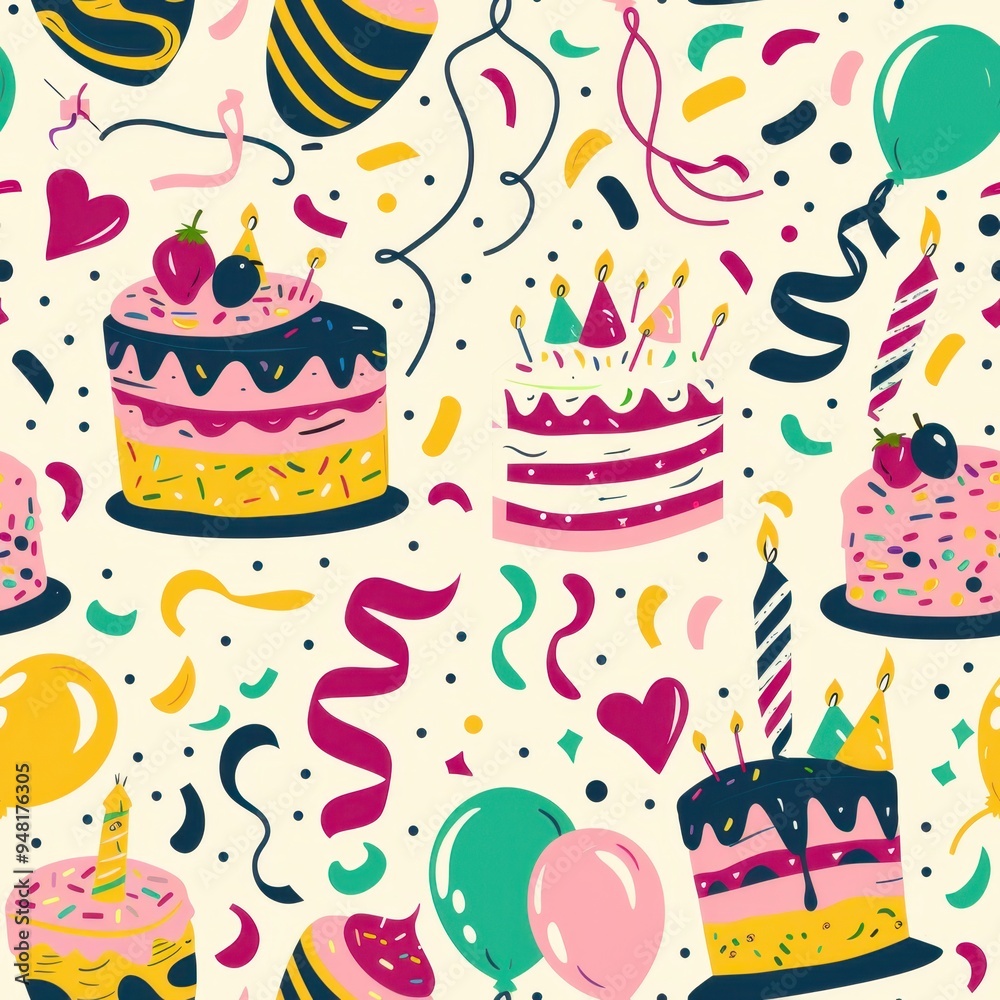 Playful Birthday Seamless Pattern with Cakes, Balloons, and Confetti
Playful Birthday Seamless Pattern with Cakes, Balloons, and Confetti