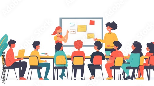 A doodle-style illustration of students in a classroom, listening to the teacher's speech on a whiteboard