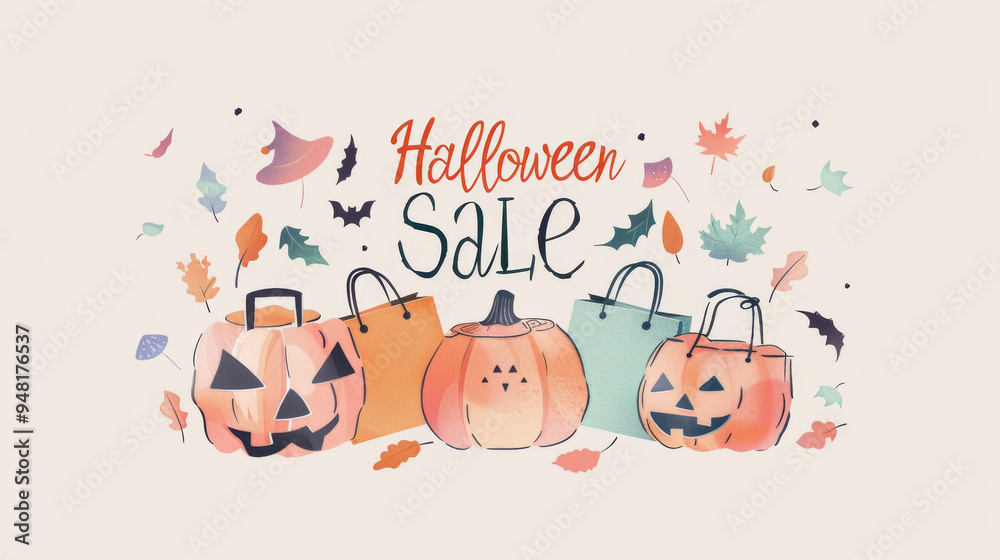 Halloween-themed sale banner with pumpkins, shopping bags and autumn leaves, background Halloween-themed sale banner with pumpkins, shopping bags and autumn leaves, background