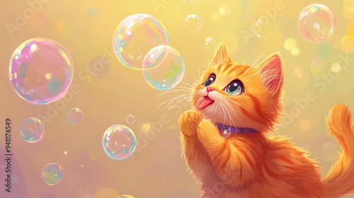 A cute cartoon cat blowing bubbles, with bubbles floating around and a playful grin.