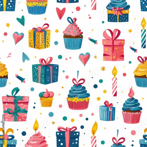 Seamless Pattern with Gift Boxes, Cupcakes, and Birthday Candles