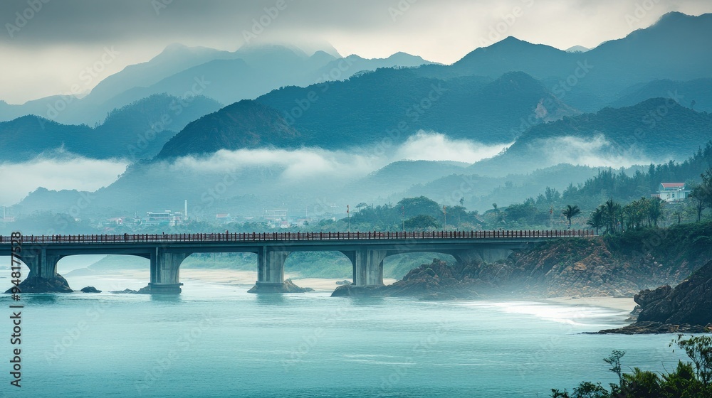 Scenic view of the Golden Bridge in Da Nang, Vietnam, with misty mountains. No people, copy space.
