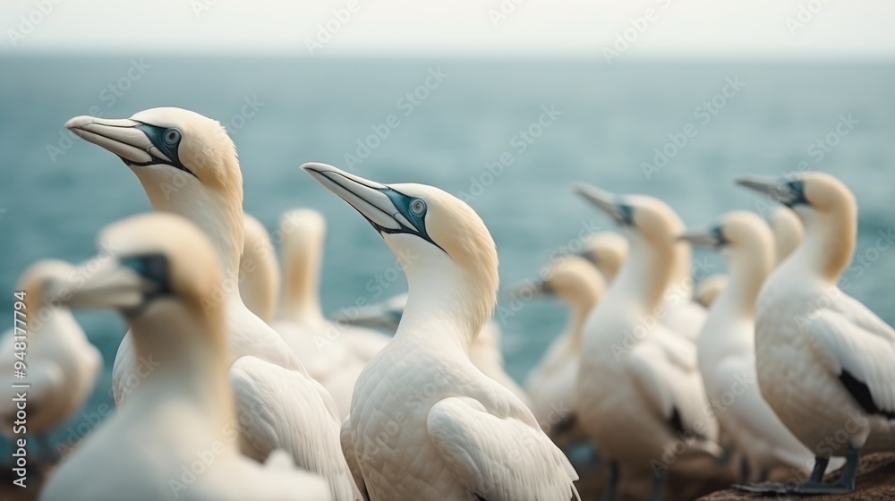 Obraz premium A Happy Flock of Seabirds Soaring over Rocky Beach and Ocean Waters