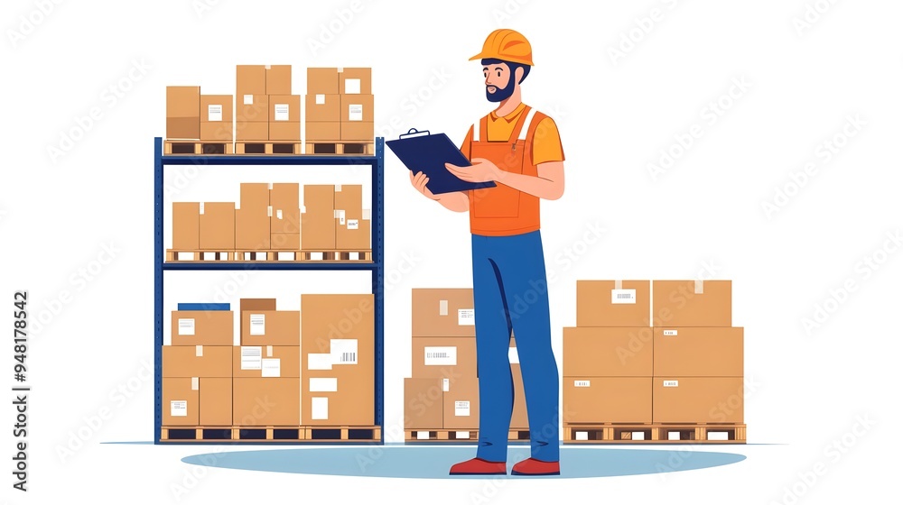 Warehouse worker in orange uniform examining delivery with clipboard and checking on shelves Warehouse worker in orange uniform examining delivery with clipboard and checking on shelves