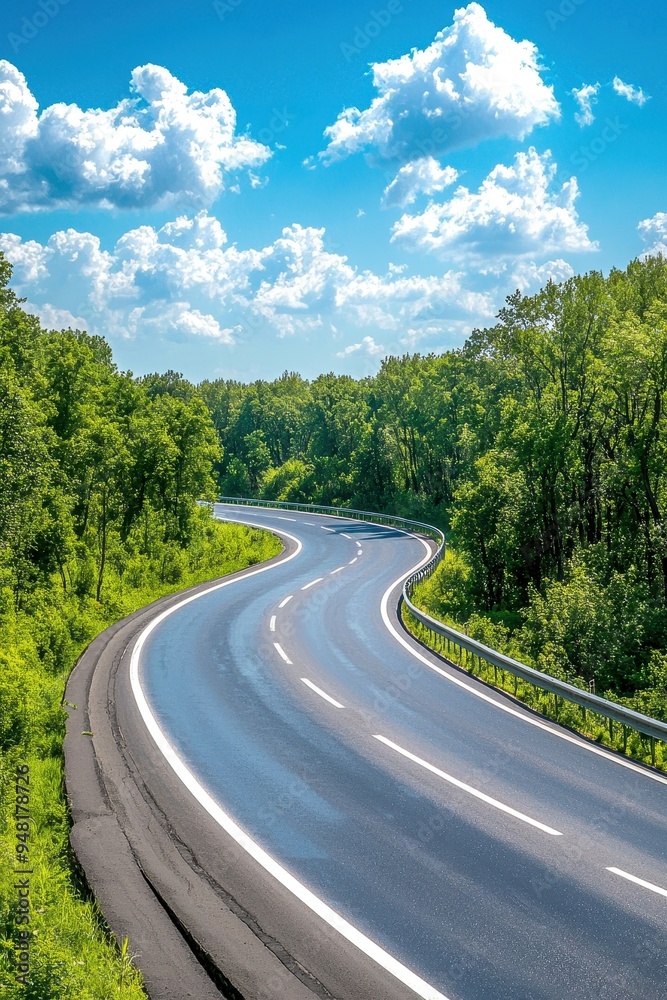 A scenic curved road surrounded by lush greenery and clear blue skies, perfect for travel and adventure imagery. A scenic curved road surrounded by lush greenery and clear blue skies, perfect for travel and adventure imagery.