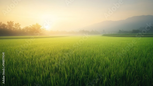 Sunrise Over Lush Rice Paddy Field