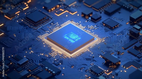 Glowing AI chip on blue circuit board, showcasing advanced technology. Computer microprocessor or semiconductor on motherboard. Digital illustration capturing the essence of modern computing.