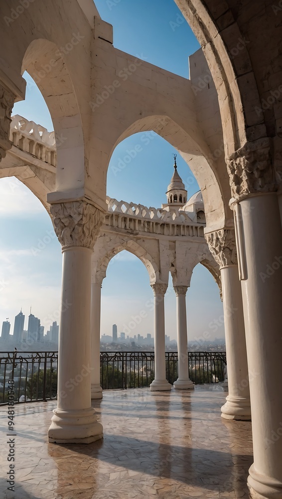 White columns and arches with a view of the city and minarets White columns and arches with a view of the city and minarets