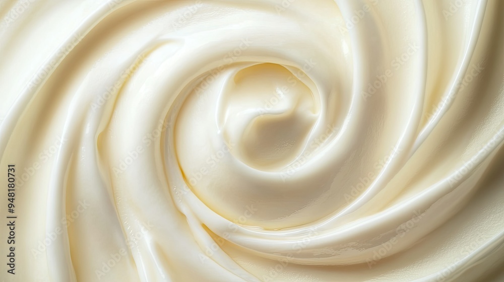 Top view of a swirl of cream on a smooth, light background, ample copy space to the side for branding. Top view of a swirl of cream on a smooth, light background, ample copy space to the side for branding.