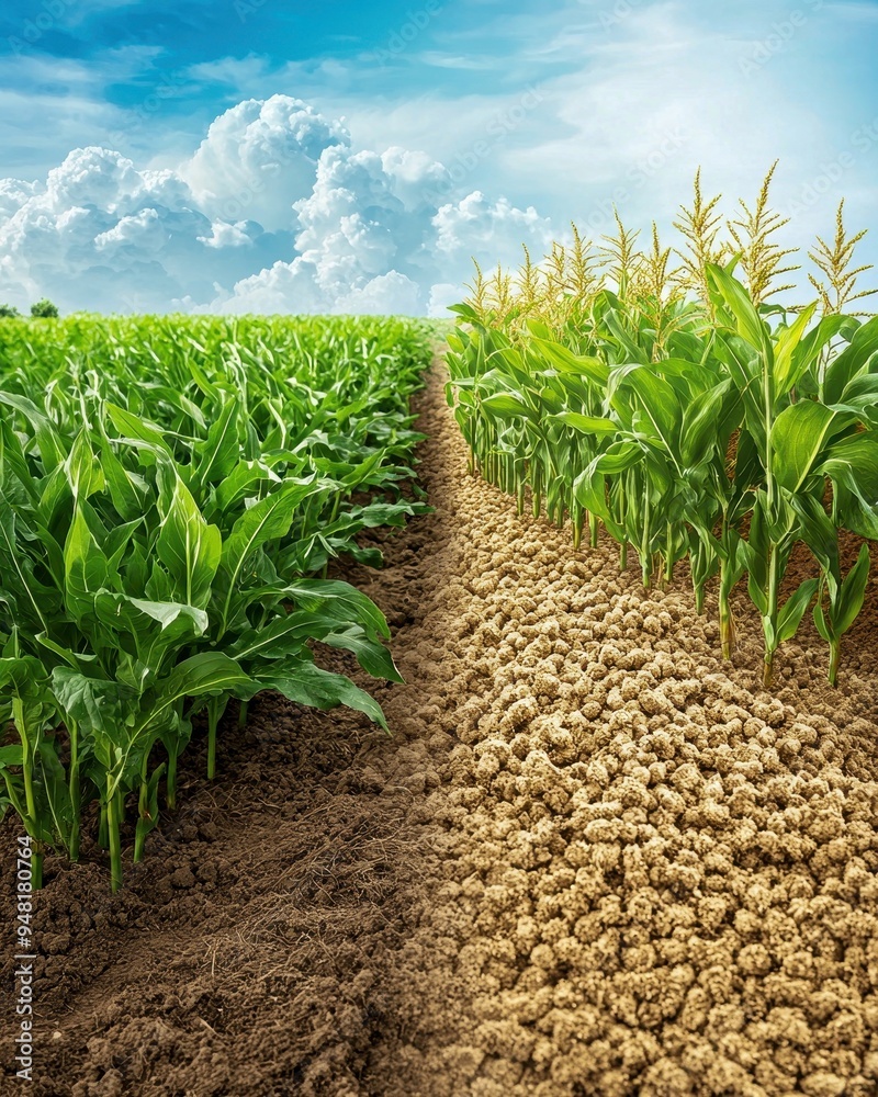 Fototapeta premium Lush green cornfield contrasting with harvested soil under a bright sky, showcasing agricultural beauty and crop diversity.