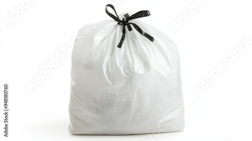 Image of a trash bag. The bag is white and has a black drawstring. It is isolated on a white background.