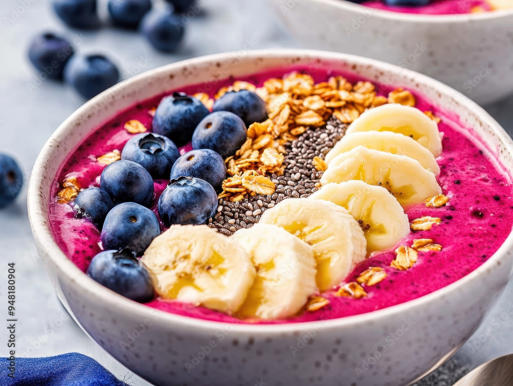 Φωτογραφία Colorful smoothie bowl topped with blueberries, banana slices, chia seeds, and g