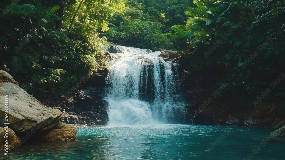 Southeast Asian waterfall cascading into a crystal-clear pool, tropical paradise, no people Southeast Asian waterfall cascading into a crystal-clear pool, tropical paradise, no people