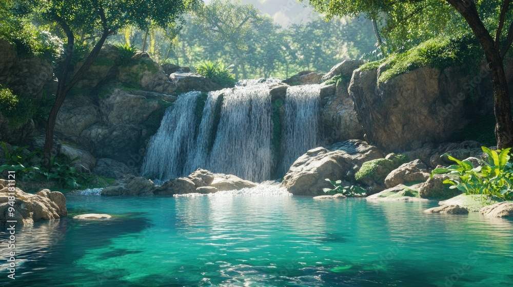 Southeast Asian waterfall cascading into a crystal-clear pool, tropical paradise, no people Southeast Asian waterfall cascading into a crystal-clear pool, tropical paradise, no people