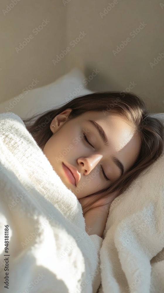 Woman covered in blanket sleeping peacefully in bed Woman covered in blanket sleeping peacefully in bed