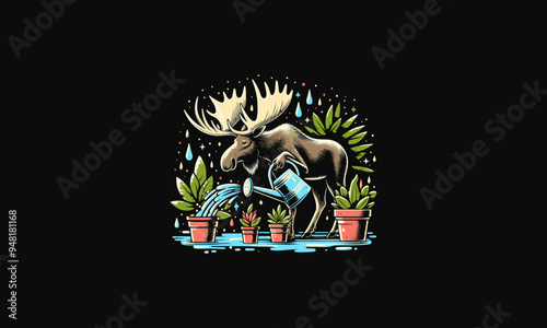 moose watering the plants vector illustration artwork design