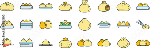This vector icon set shows various types of asian dumplings being steamed, served on plates, and packaged to go