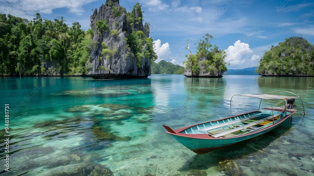 A longtail boat sits in crystal clear turquoise water surrounded by lush green jungle and limestone cliffs. A longtail boat sits in crystal clear turquoise water surrounded by lush green jungle and limestone cliffs.