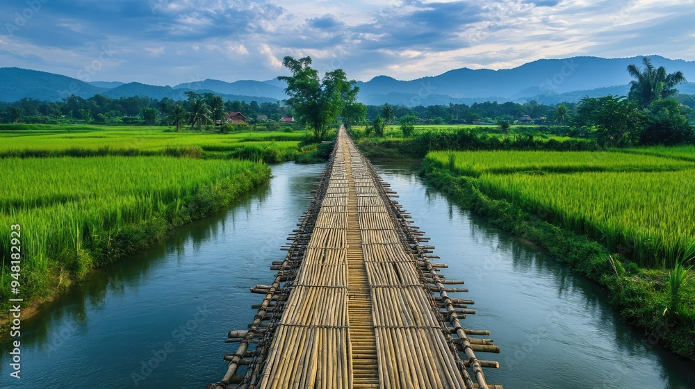 Traditional Southeast Asian bamboo bridge crossing a serene river, surrounded by green fields Traditional Southeast Asian bamboo bridge crossing a serene river, surrounded by green fields