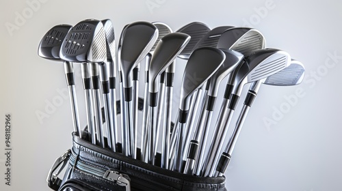 Set of golf clubs standing in black leather bag photo